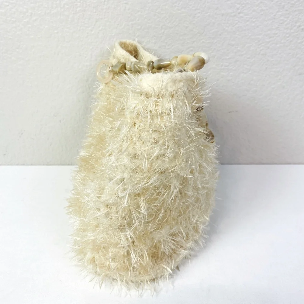 Boho Eyelash Cream Fabric Double Beaded Handle Purse 10” x 13” x 3”